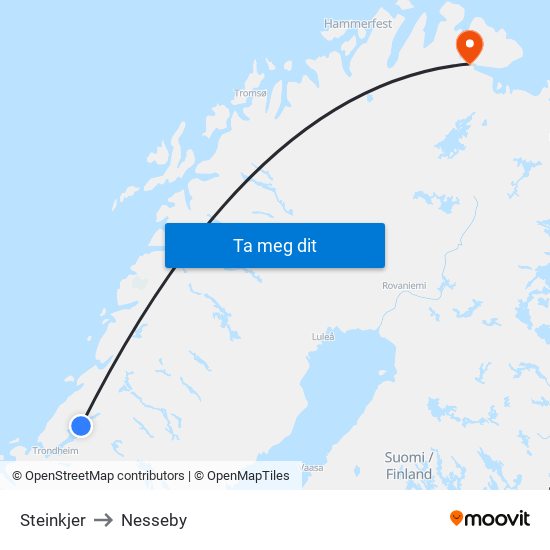 Steinkjer to Nesseby map