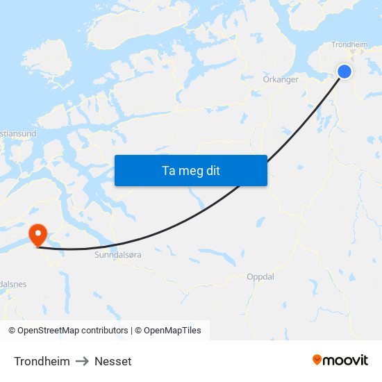 Trondheim to Nesset map