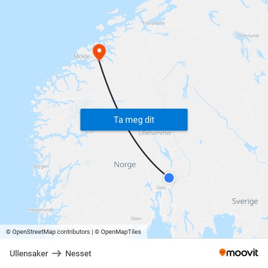 Ullensaker to Nesset map