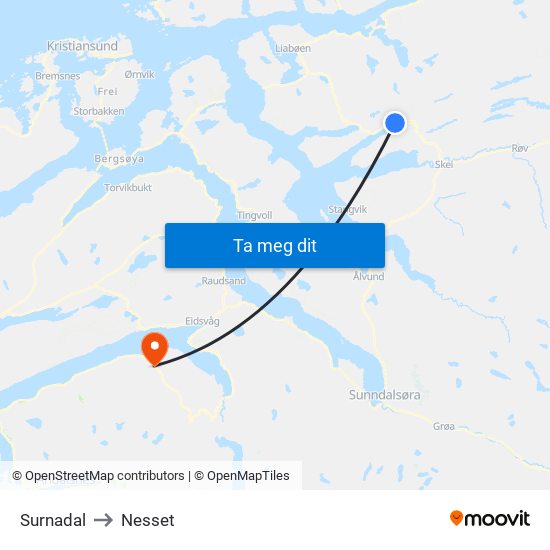 Surnadal to Nesset map