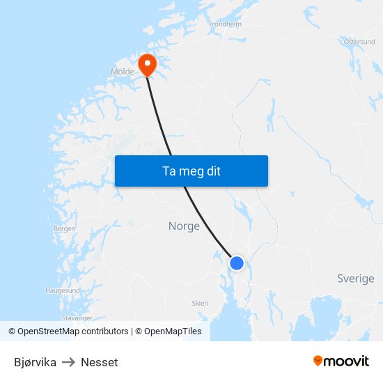 Bjørvika to Nesset map