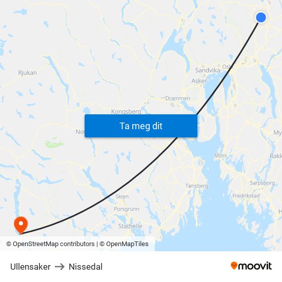 Ullensaker to Nissedal map