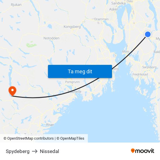 Spydeberg to Nissedal map