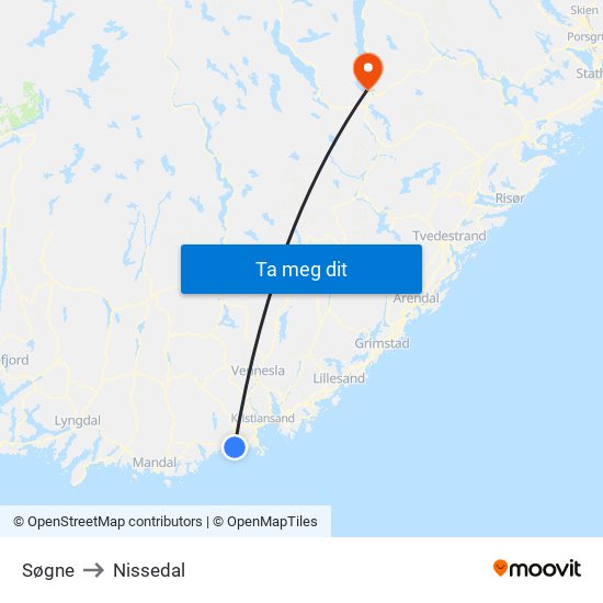 Søgne to Nissedal map