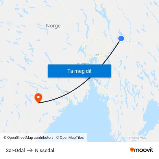 Sør-Odal to Nissedal map