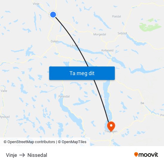 Vinje to Nissedal map