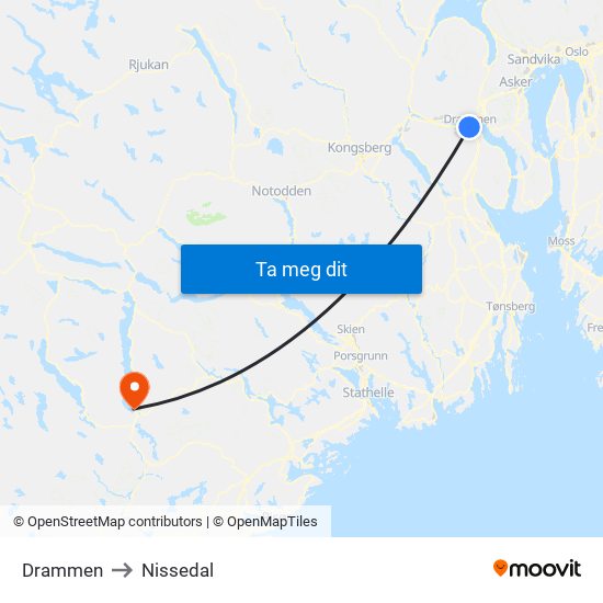 Drammen to Nissedal map