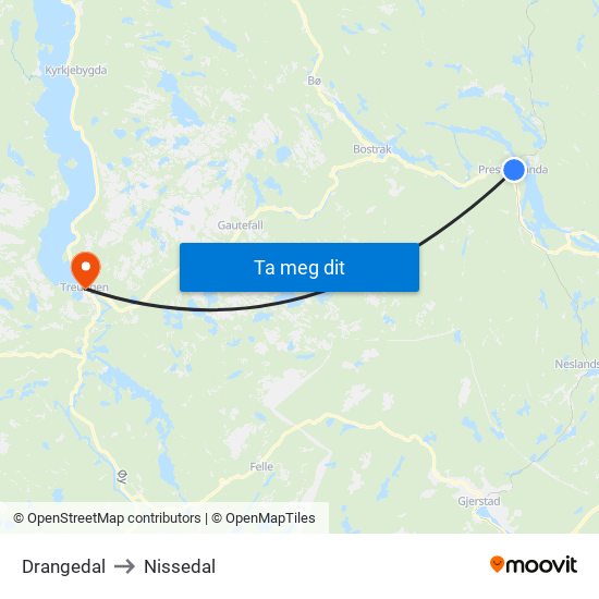 Drangedal to Nissedal map