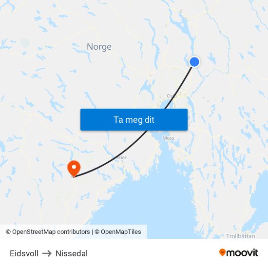 Eidsvoll to Nissedal map