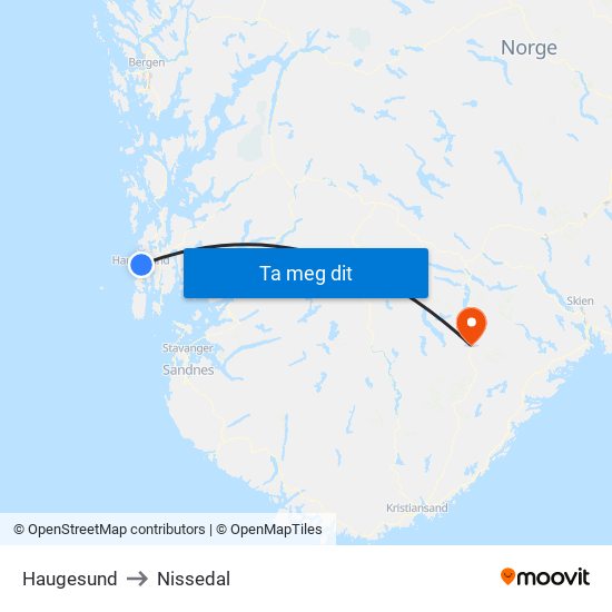Haugesund to Nissedal map