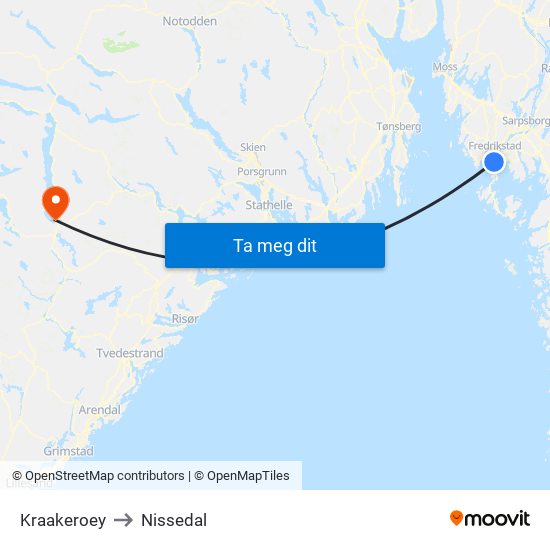 Kraakeroey to Nissedal map