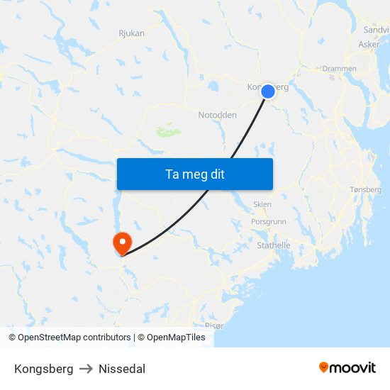 Kongsberg to Nissedal map