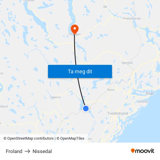 Froland to Nissedal map