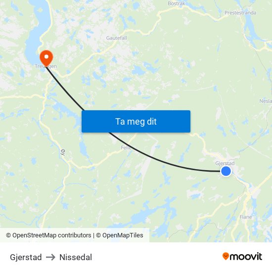 Gjerstad to Nissedal map