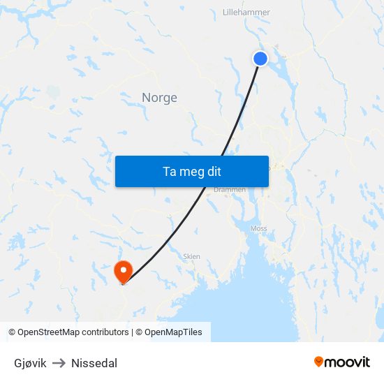 Gjøvik to Nissedal map