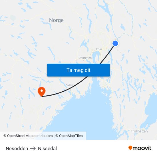 Nesodden to Nissedal map