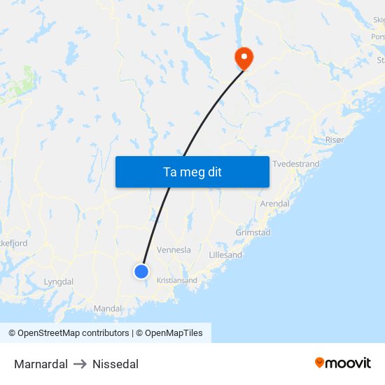 Marnardal to Nissedal map