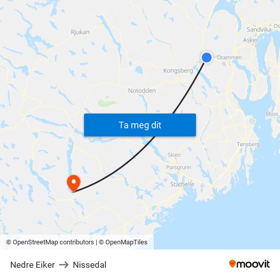 Nedre Eiker to Nissedal map