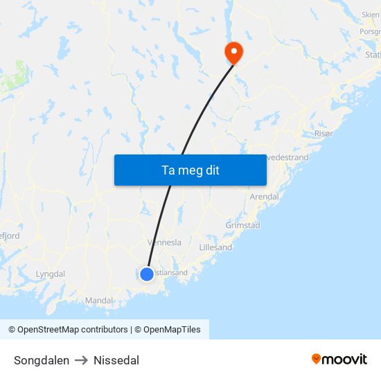 Songdalen to Nissedal map