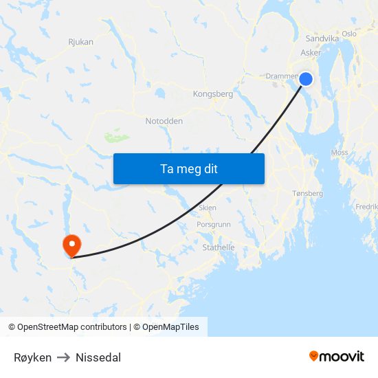 Røyken to Nissedal map