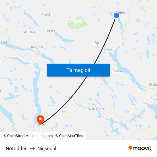 Notodden to Nissedal map