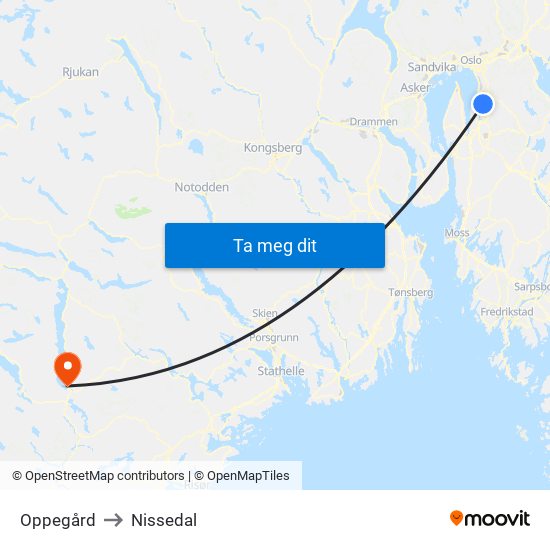 Oppegård to Nissedal map