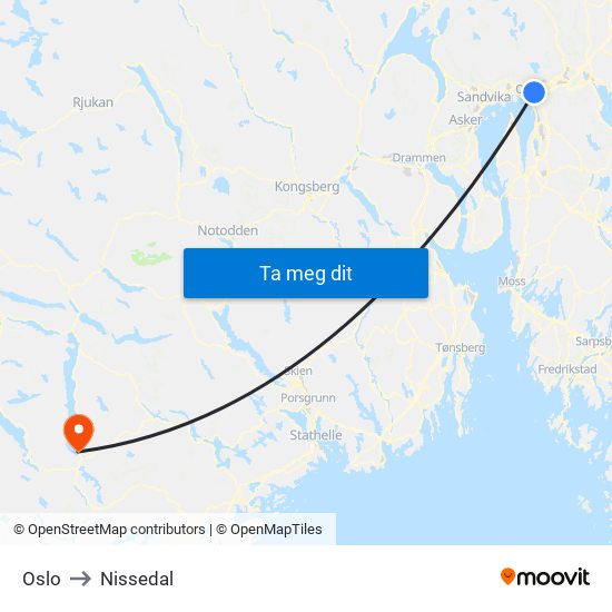 Oslo to Nissedal map