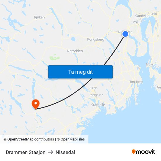 Drammen Stasjon to Nissedal map