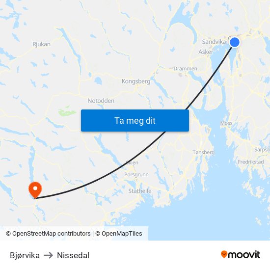 Bjørvika to Nissedal map