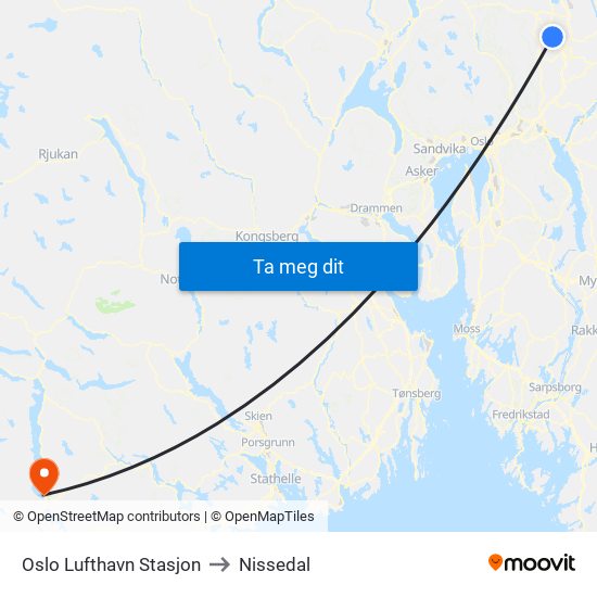 Oslo Lufthavn Stasjon to Nissedal map