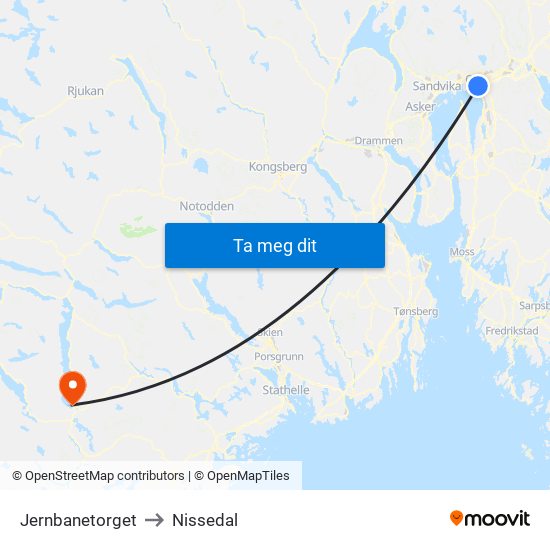 Jernbanetorget to Nissedal map