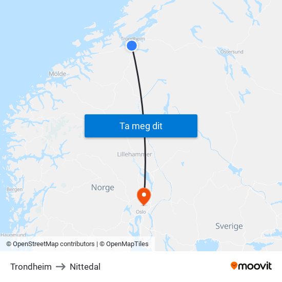 Trondheim to Nittedal map