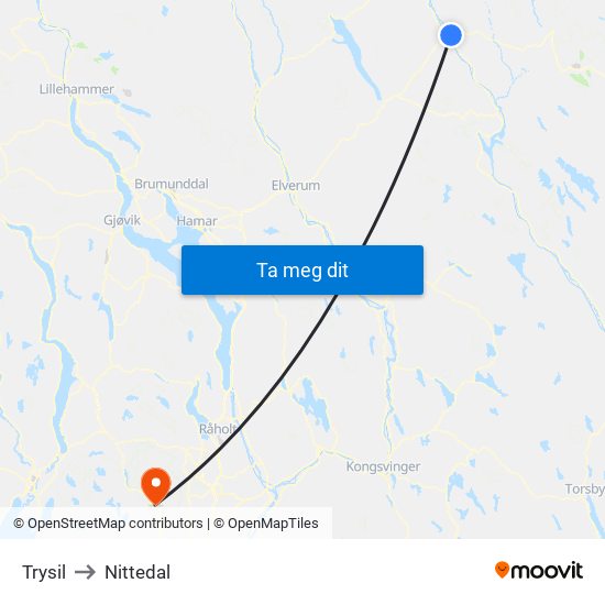 Trysil to Nittedal map