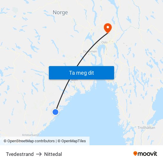 Tvedestrand to Nittedal map