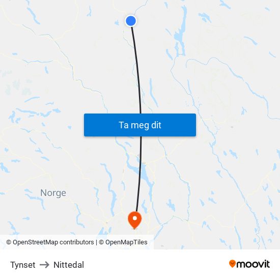 Tynset to Nittedal map