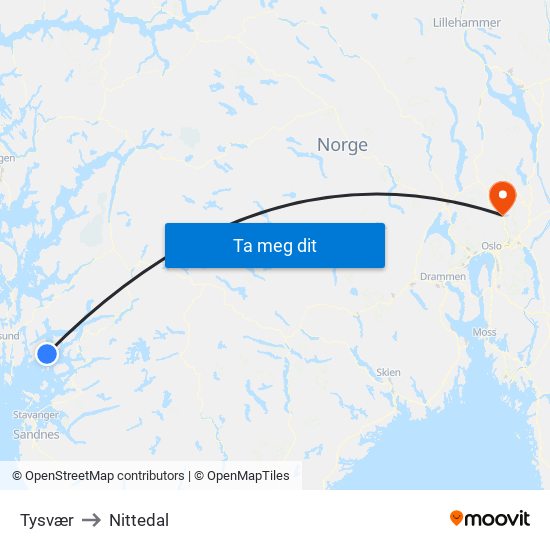Tysvær to Nittedal map
