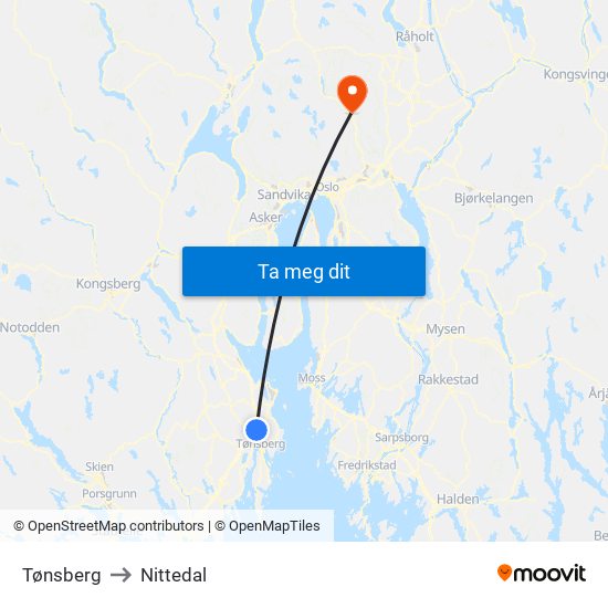 Tønsberg to Nittedal map