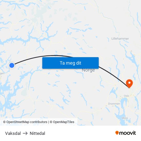 Vaksdal to Nittedal map