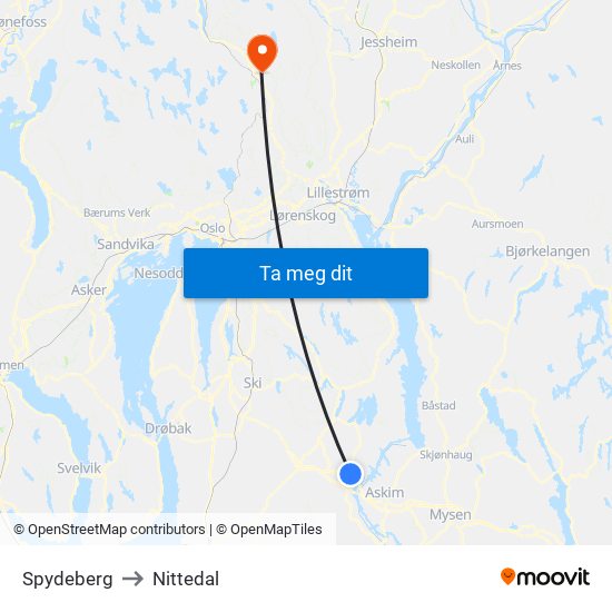 Spydeberg to Nittedal map