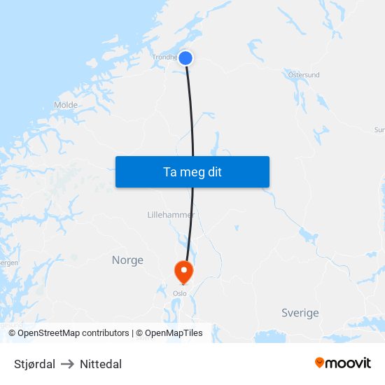 Stjørdal to Nittedal map