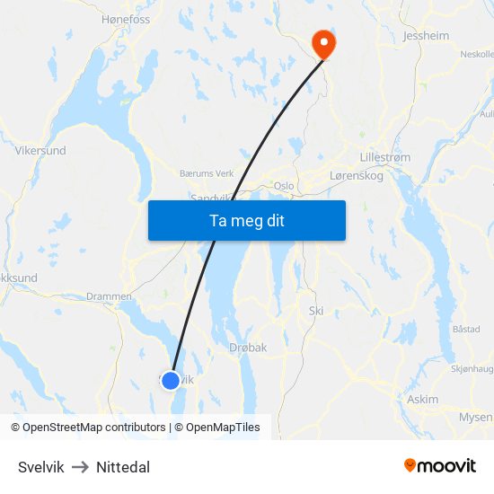 Svelvik to Nittedal map