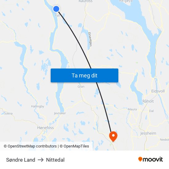 Søndre Land to Nittedal map