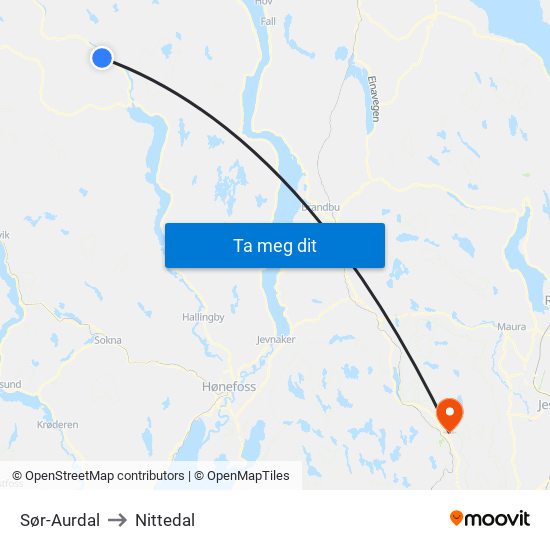 Sør-Aurdal to Nittedal map