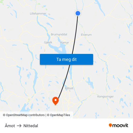 Åmot to Nittedal map