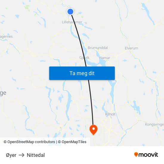 Øyer to Nittedal map