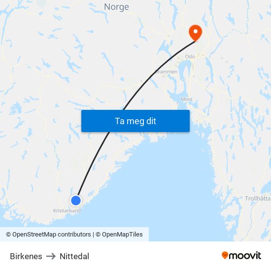 Birkenes to Nittedal map