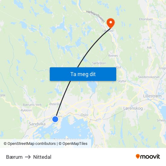 Bærum to Nittedal map