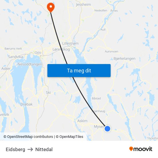 Eidsberg to Nittedal map