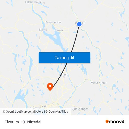 Elverum to Nittedal map