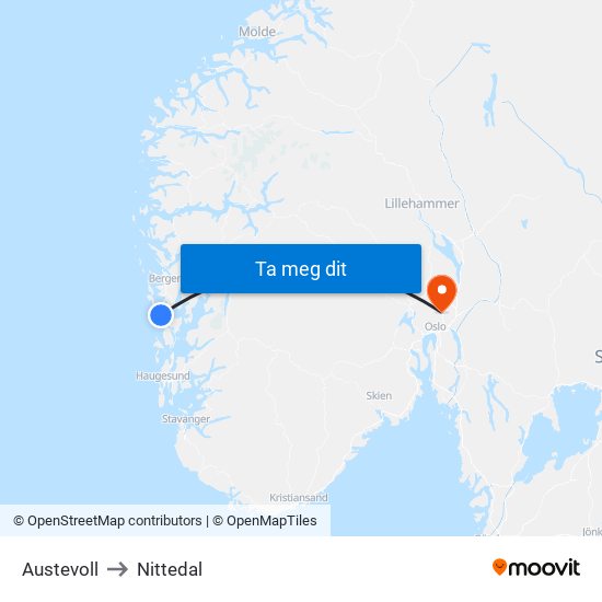 Austevoll to Nittedal map